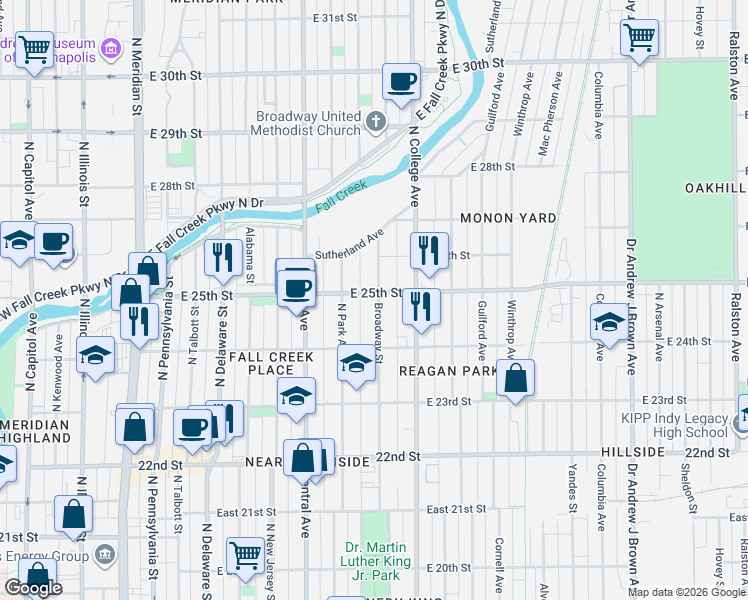 map of restaurants, bars, coffee shops, grocery stores, and more near 2448 Broadway Street in Indianapolis