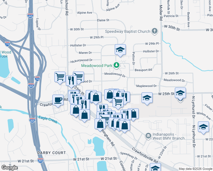 map of restaurants, bars, coffee shops, grocery stores, and more near 5835 Maplewood Drive in Indianapolis
