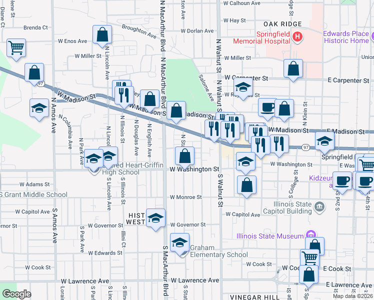 map of restaurants, bars, coffee shops, grocery stores, and more near 101-199 N State St in Springfield