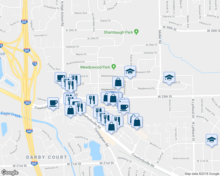 map of restaurants, bars, coffee shops, grocery stores, and more near 5728 Maplewood Drive in Speedway