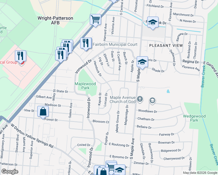map of restaurants, bars, coffee shops, grocery stores, and more near 120 Locust Drive in Fairborn