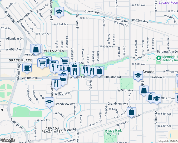 map of restaurants, bars, coffee shops, grocery stores, and more near 5850 Garrison Street in Arvada
