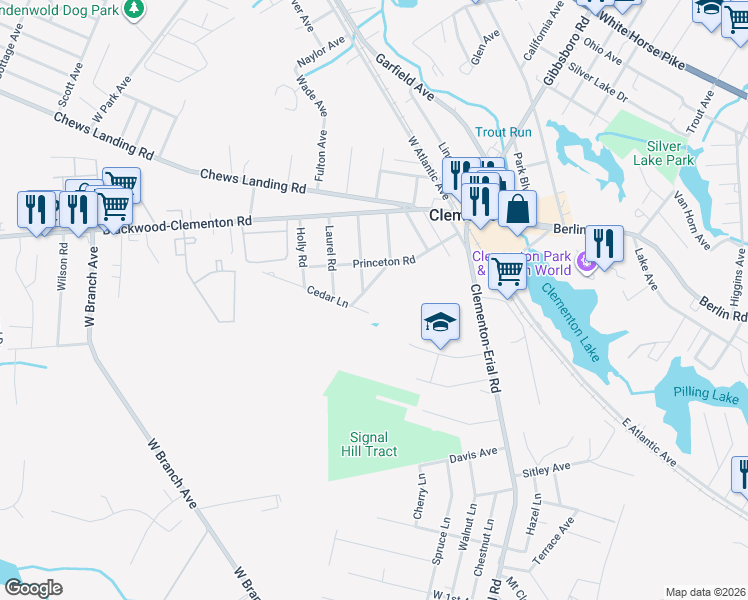 map of restaurants, bars, coffee shops, grocery stores, and more near 2 Cedar Lane in Clementon