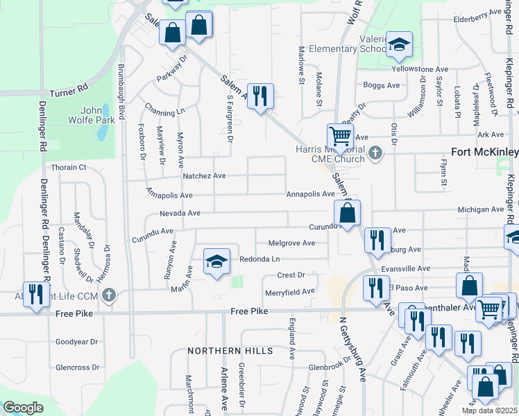 map of restaurants, bars, coffee shops, grocery stores, and more near 4237 Nevada Avenue in Dayton