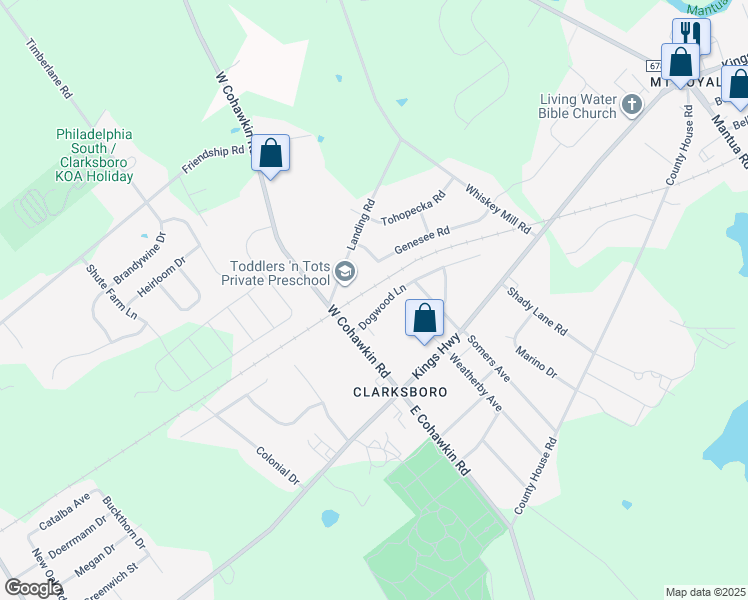 map of restaurants, bars, coffee shops, grocery stores, and more near 291 Dogwood Lane in Clarksboro