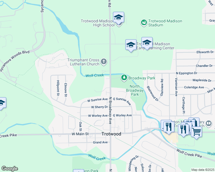 map of restaurants, bars, coffee shops, grocery stores, and more near 421 North Broadway Street in Trotwood