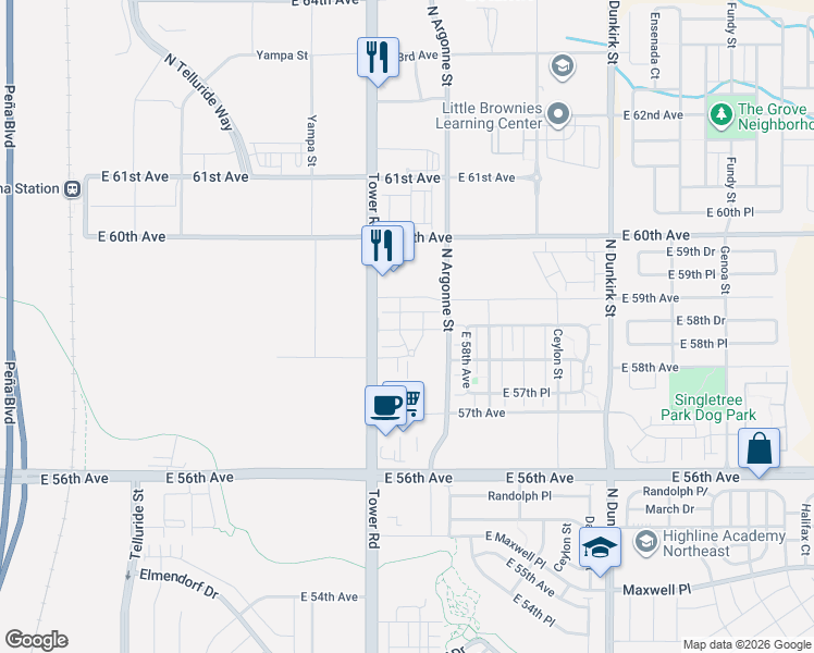 map of restaurants, bars, coffee shops, grocery stores, and more near 5800 Tower Road in Denver
