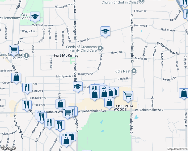 map of restaurants, bars, coffee shops, grocery stores, and more near 3247 Garvin Road in Dayton
