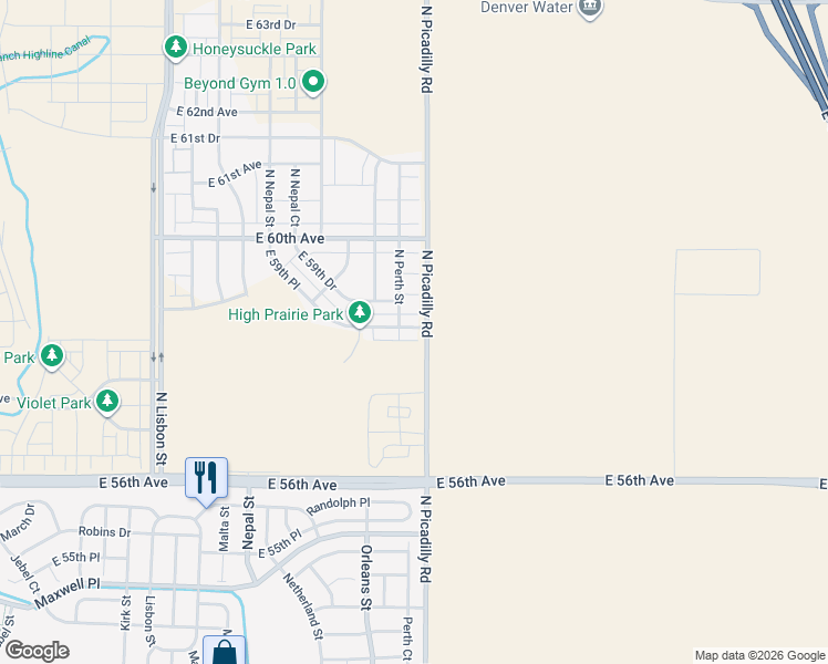 map of restaurants, bars, coffee shops, grocery stores, and more near 21676 East 59th Place in Aurora