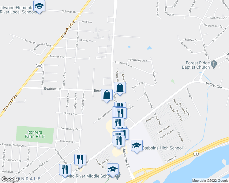map of restaurants, bars, coffee shops, grocery stores, and more near 2150 Harshman Road in Dayton
