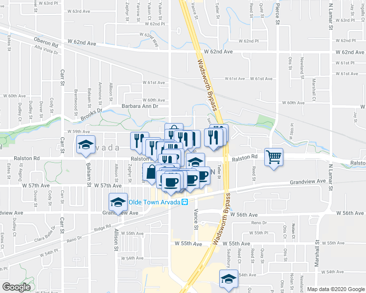 map of restaurants, bars, coffee shops, grocery stores, and more near 7514 Robinson Way in Arvada