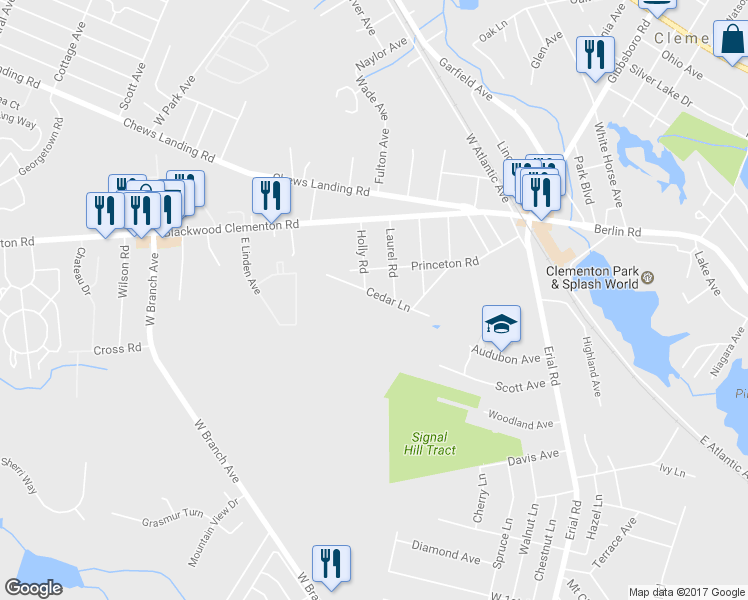 map of restaurants, bars, coffee shops, grocery stores, and more near 44 Cedar Lane in Clementon