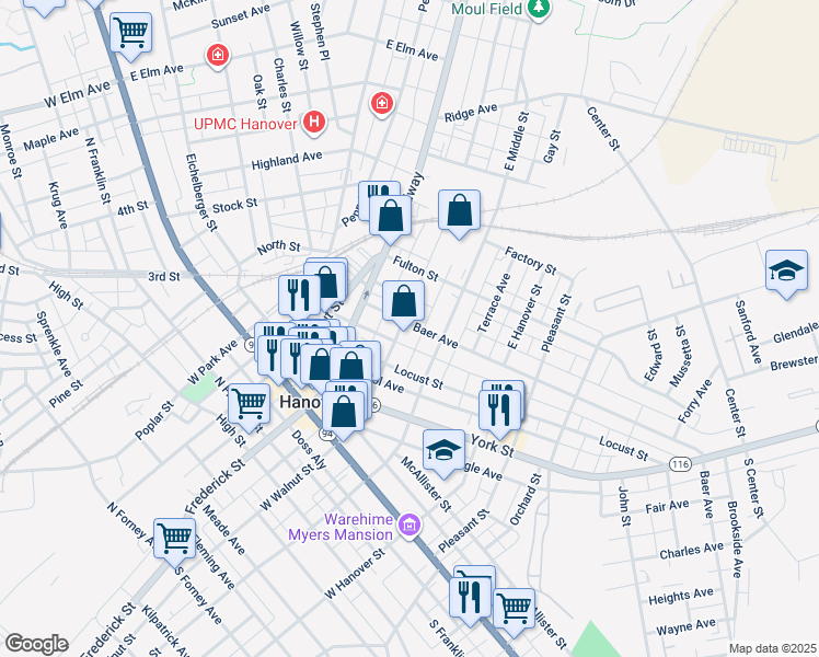 map of restaurants, bars, coffee shops, grocery stores, and more near 237 East Walnut Street in Hanover