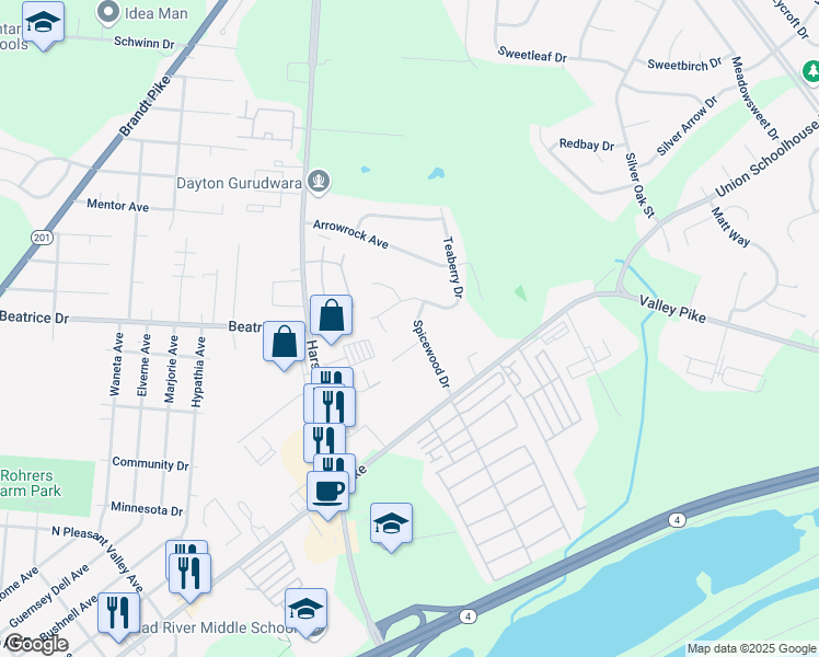 map of restaurants, bars, coffee shops, grocery stores, and more near 4470 Sweetgum Place in Dayton