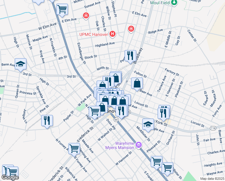 map of restaurants, bars, coffee shops, grocery stores, and more near 132 East Chestnut Street in Hanover