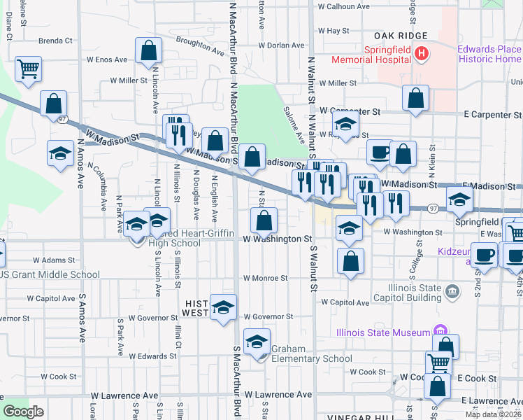map of restaurants, bars, coffee shops, grocery stores, and more near 199 N State St in Springfield