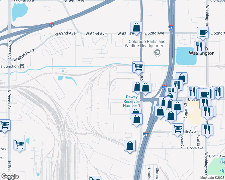 map of restaurants, bars, coffee shops, grocery stores, and more near 5881 Broadway in Denver