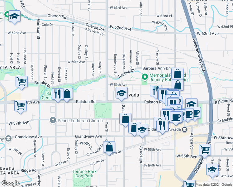 map of restaurants, bars, coffee shops, grocery stores, and more near 5840 Brentwood Street in Arvada
