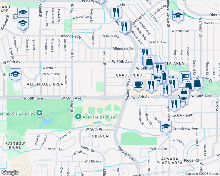 map of restaurants, bars, coffee shops, grocery stores, and more near 10388 West 58th Place in Arvada