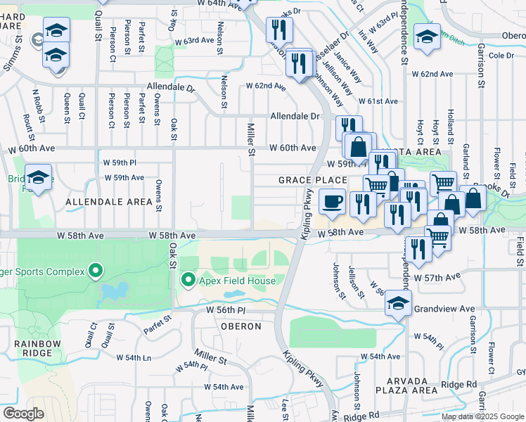 map of restaurants, bars, coffee shops, grocery stores, and more near 10388 West 58th Place in Arvada