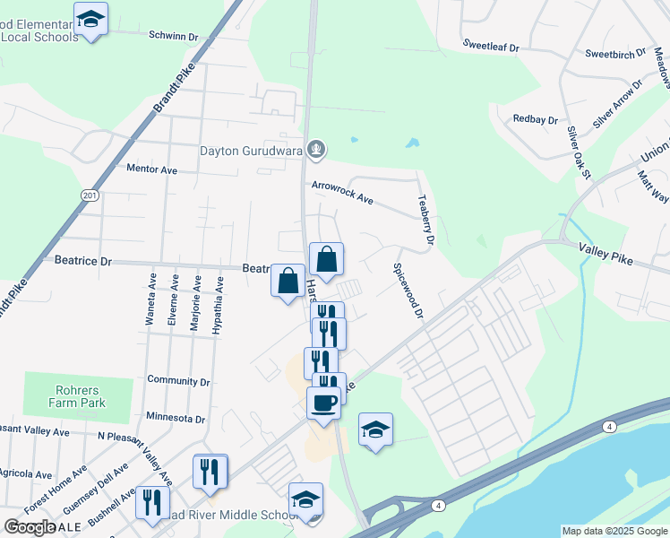map of restaurants, bars, coffee shops, grocery stores, and more near 2140 Harshman Road in Dayton