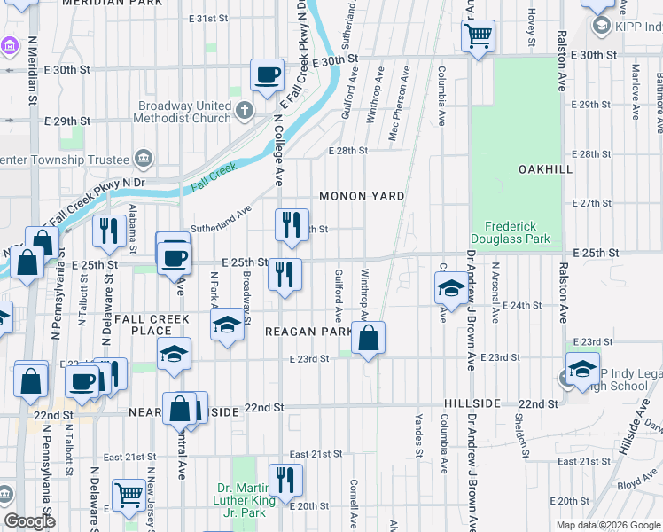 map of restaurants, bars, coffee shops, grocery stores, and more near 2444 Guilford Avenue in Indianapolis
