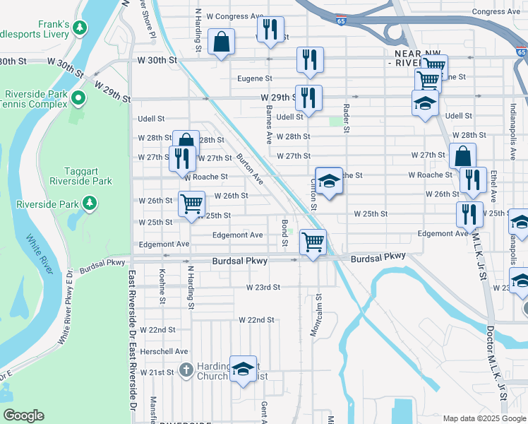map of restaurants, bars, coffee shops, grocery stores, and more near 2481 Barnes Avenue in Indianapolis