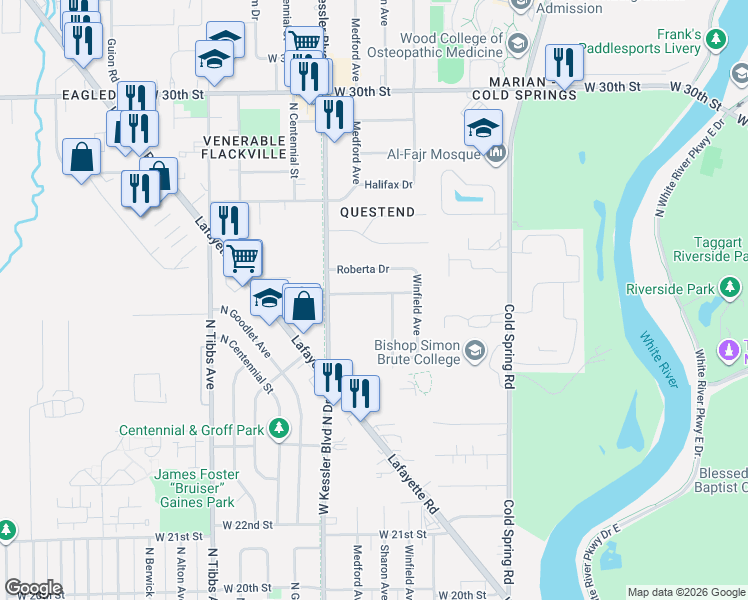 map of restaurants, bars, coffee shops, grocery stores, and more near 3011 Colerain Drive in Indianapolis