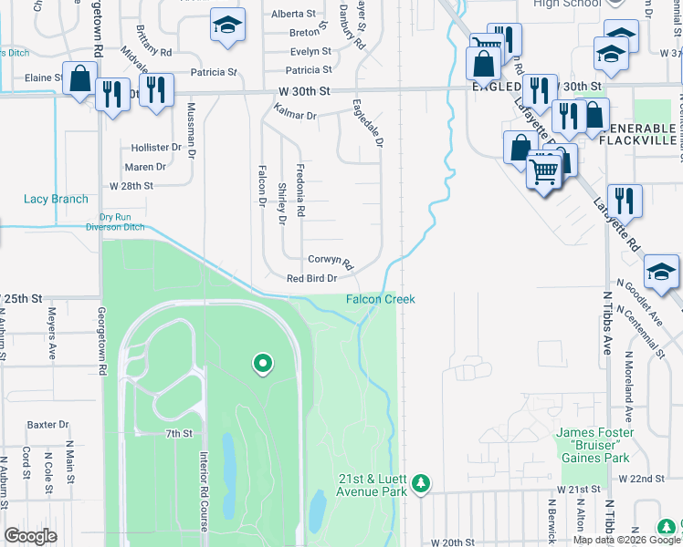 map of restaurants, bars, coffee shops, grocery stores, and more near 4001 Red Bird Drive in Indianapolis