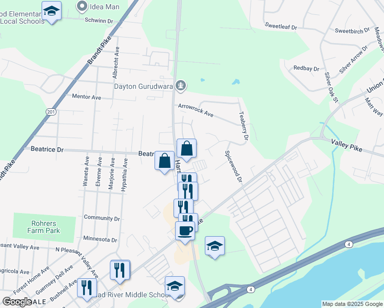 map of restaurants, bars, coffee shops, grocery stores, and more near 2140 Harshman Road in Dayton