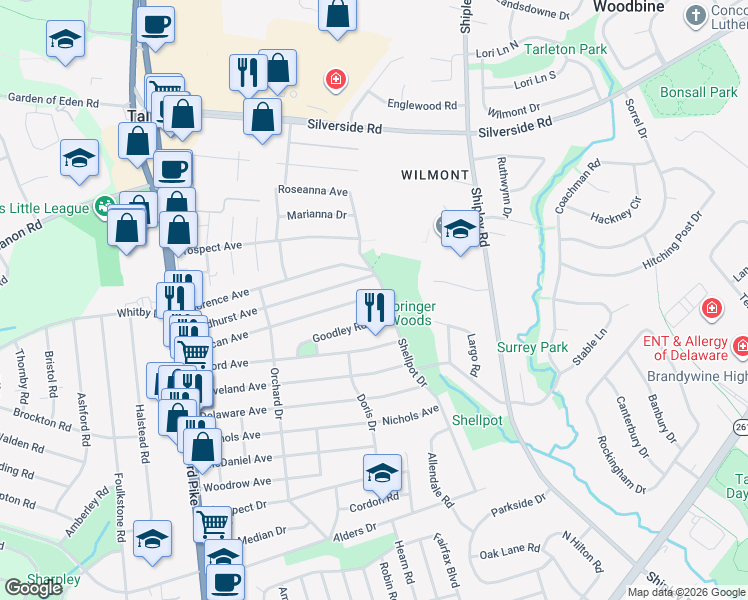 map of restaurants, bars, coffee shops, grocery stores, and more near 415 Goodley Road in Wilmington