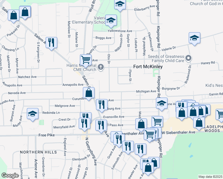 map of restaurants, bars, coffee shops, grocery stores, and more near 3742 Michigan Avenue in Dayton