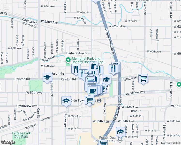 map of restaurants, bars, coffee shops, grocery stores, and more near 7601 Robinson Way in Arvada
