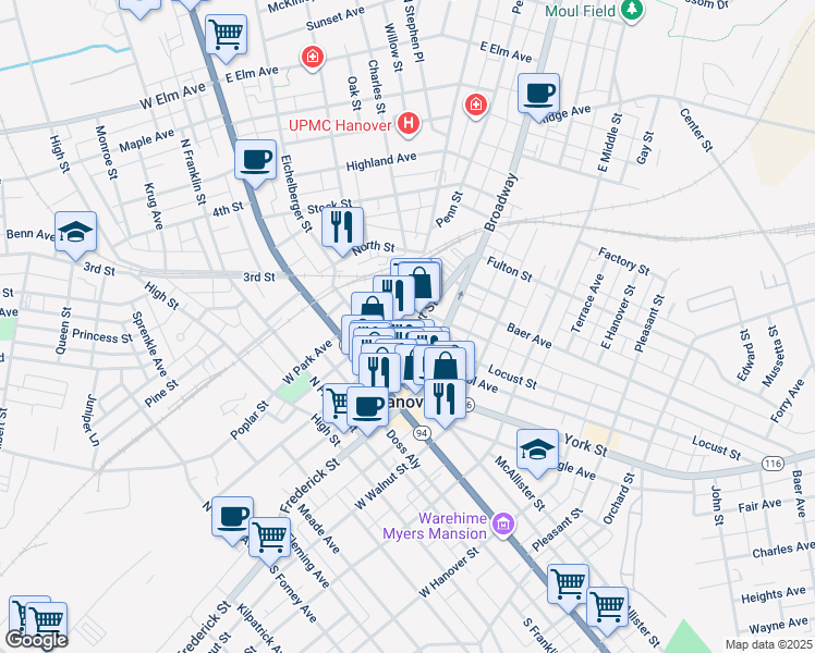 map of restaurants, bars, coffee shops, grocery stores, and more near 132 East Chestnut Street in Hanover