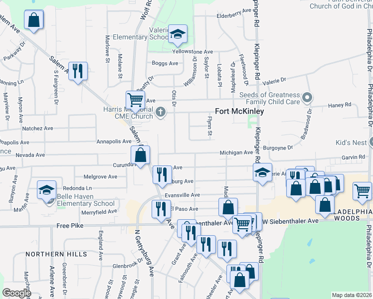 map of restaurants, bars, coffee shops, grocery stores, and more near 3706 Michigan Avenue in Dayton
