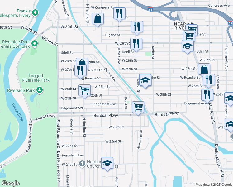 map of restaurants, bars, coffee shops, grocery stores, and more near 2481 Barnes Avenue in Indianapolis