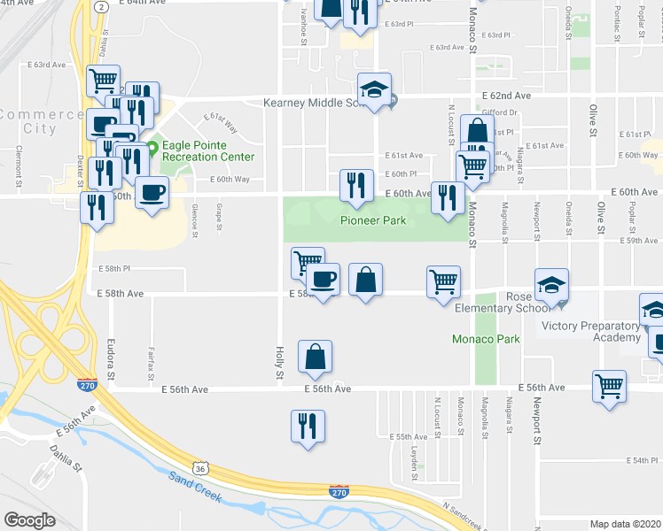 map of restaurants, bars, coffee shops, grocery stores, and more near 5901 East 58th Avenue in Commerce City
