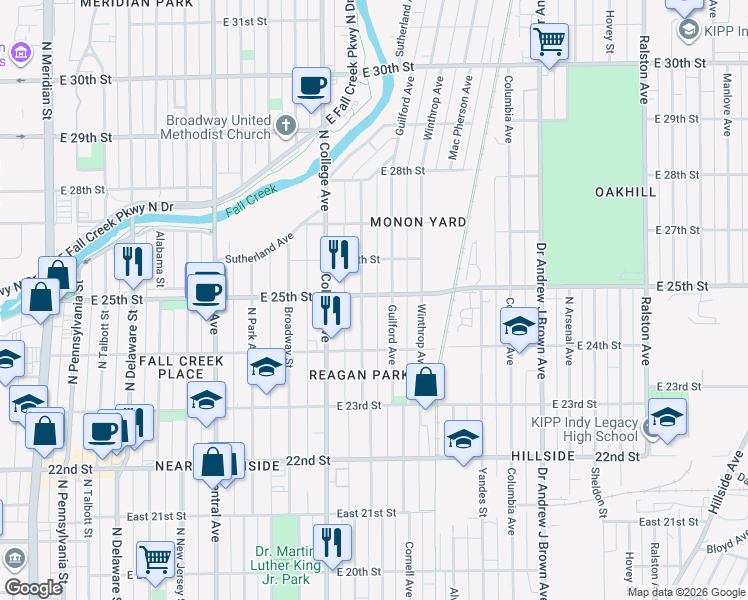 map of restaurants, bars, coffee shops, grocery stores, and more near 815 East 25th Street in Indianapolis