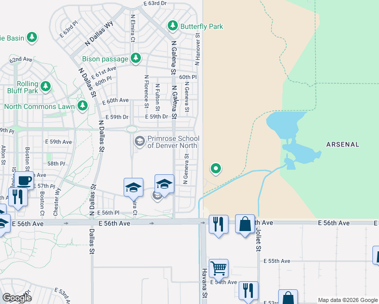 map of restaurants, bars, coffee shops, grocery stores, and more near 5815 Hanover Street in Denver