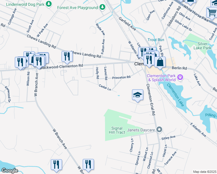 map of restaurants, bars, coffee shops, grocery stores, and more near 45 Laurel Road in Clementon
