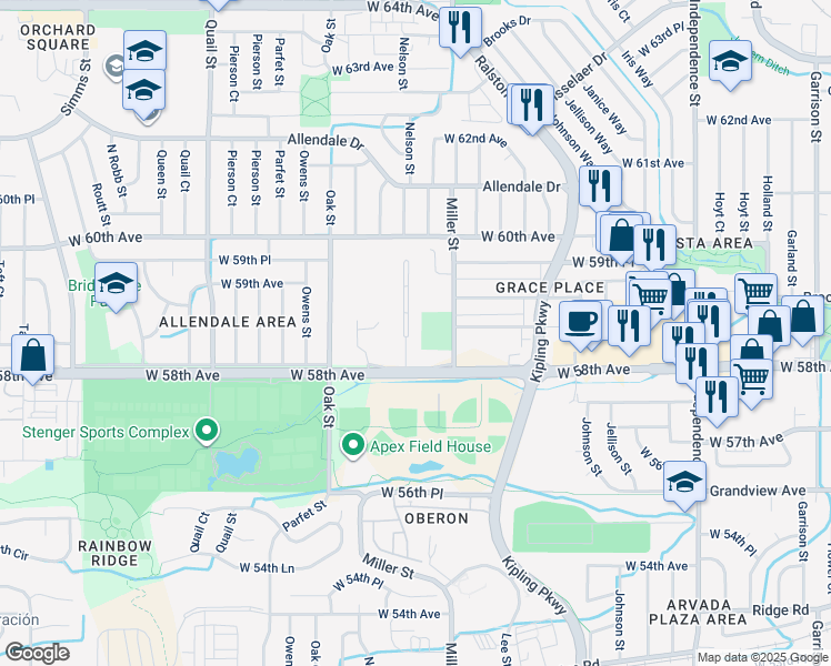 map of restaurants, bars, coffee shops, grocery stores, and more near 5850 Newcombe Court in Arvada