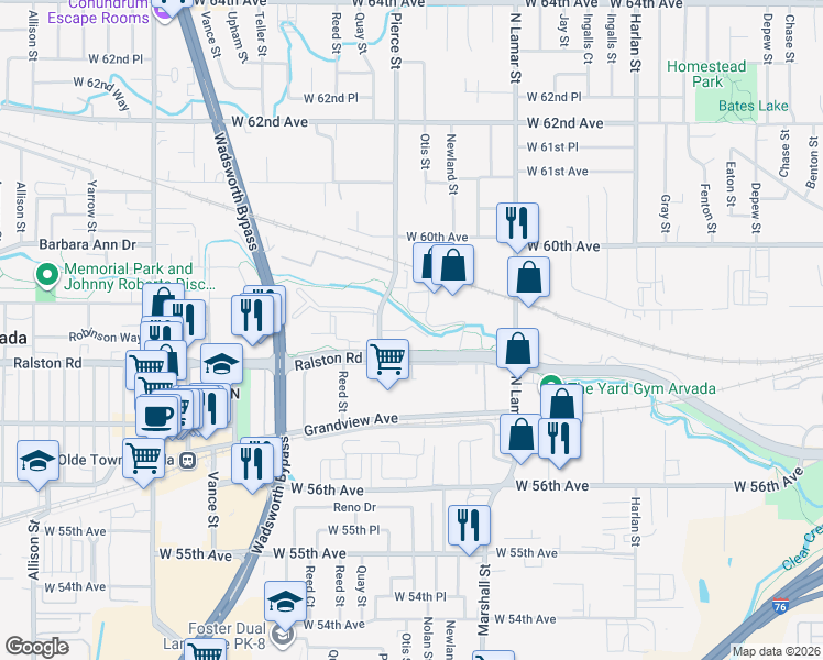map of restaurants, bars, coffee shops, grocery stores, and more near 6744 West 58th Place in Arvada
