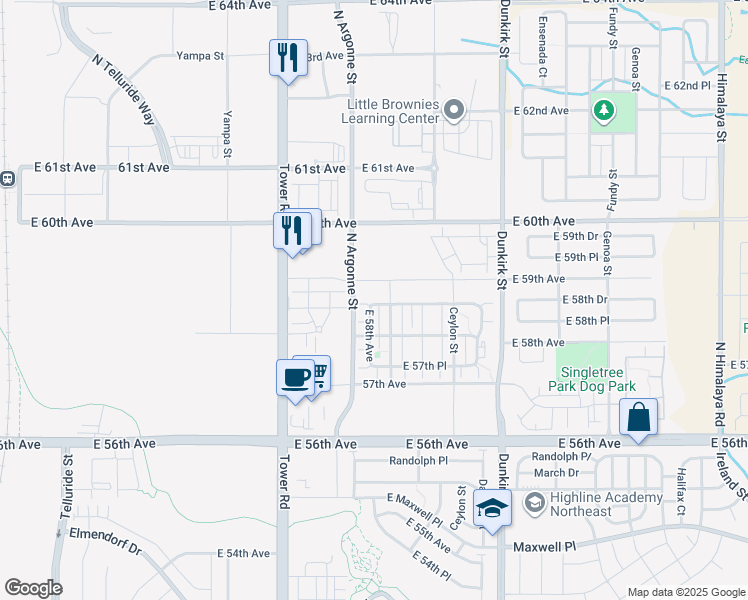 map of restaurants, bars, coffee shops, grocery stores, and more near 5835 Biscay Street in Denver