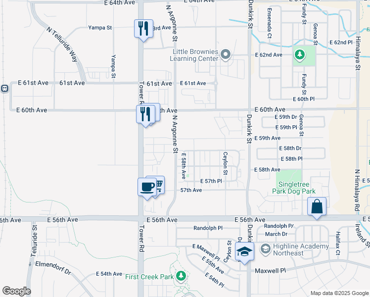 map of restaurants, bars, coffee shops, grocery stores, and more near 18761 East 58th Avenue in Denver