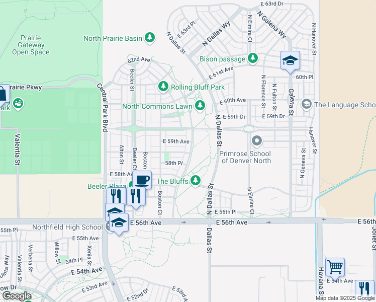 map of restaurants, bars, coffee shops, grocery stores, and more near 5865 Chester Way in Denver