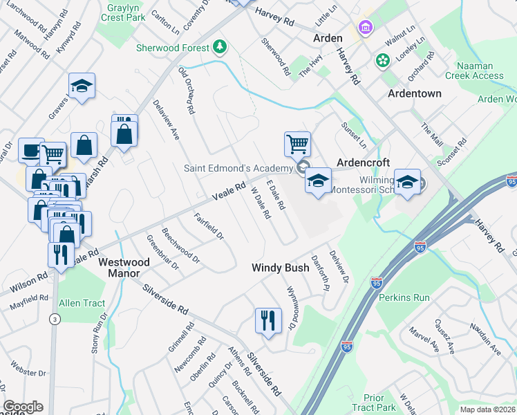 map of restaurants, bars, coffee shops, grocery stores, and more near 16 West Dale Road in Wilmington