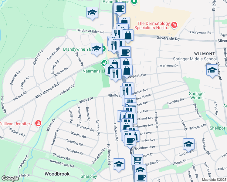 map of restaurants, bars, coffee shops, grocery stores, and more near 100 Whitby Drive in Wilmington