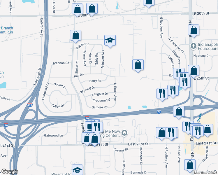 map of restaurants, bars, coffee shops, grocery stores, and more near 8302 Laughlin Drive in Indianapolis