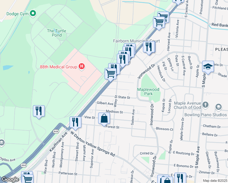 map of restaurants, bars, coffee shops, grocery stores, and more near 322 State Street in Fairborn