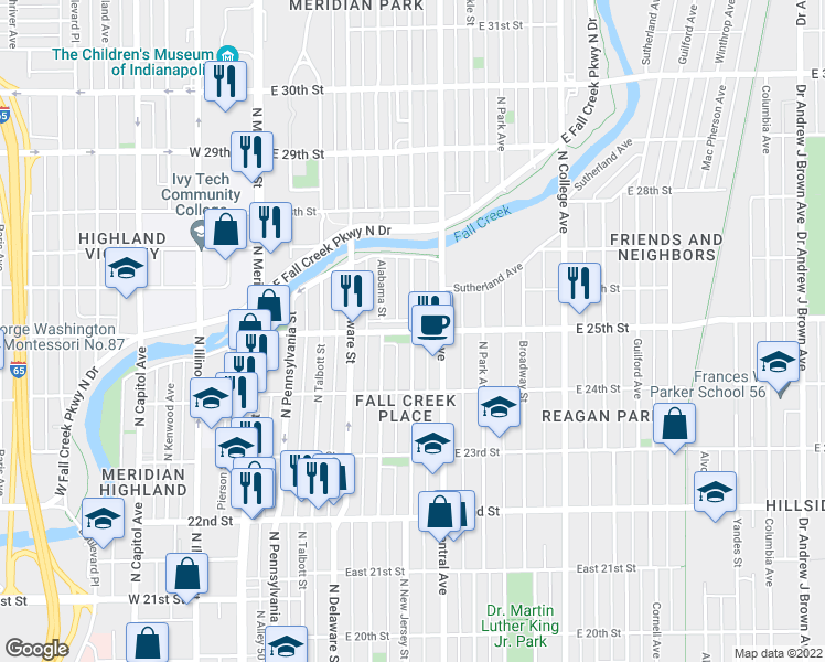 map of restaurants, bars, coffee shops, grocery stores, and more near N New Jersey St & E 25th St in Indianapolis